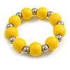 Yellow Painted Wood and Silver Acrylic Bead Flex Bracelet - Medium