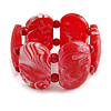 Wide Chunky Resin/ Wood Bead Flex Bracelet in Red/ White - M/ L