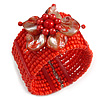 Brick Red Glass Bead Flex Cuff Bracelet with Shell Flower - M/ L