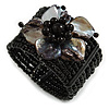 Black Glass Bead Flex Cuff Bracelet with Shell Flower - M/ L