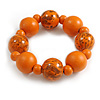 Chunky Wood Bead with Animal Print Flex Bracelet in Orange/ Size M