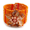 Orange Glass Bead Flex Cuff Bracelet with Shell Flower - M/ L