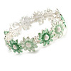 Pastel Green Enamel Multi Daisy Flex Bracelet in Light Silver Tone - 20cm Long - M/L
