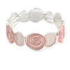 Pastel Pink Enamel Rose Floral Flex Bracelet in Light Silver Tone - 18cm Long - M