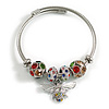 Fancy Charm (Bee, Oval and Round Crystal Beads) Flex Twisted Cable Cuff Bracelet In Silver Tone Metal (Multicoloured) - Adjustable - 18cm L