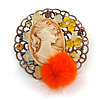 Cameo Orange Feather Brooch in Bronze Tone Frame - 55mm Tall