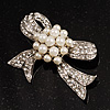 Crystal Faux Pearl Bow Brooch