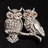 'Two Wise Owls' Clear Crystal Brooch