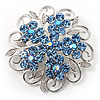 Sky Blue Crystal Filigree Floral Brooch
