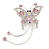 Pink Crystal Butterfly With Dangling Tail Brooch