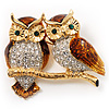 Two Gold Crystal Sitting Owls Brooch - 35mm