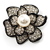 Bridal Faux Pearl Crystal Flower Brooch (Black & Silver)