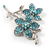 Sky Blue Swarovski Crystal Flower Brooch (Silver Tone)