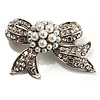 Small Crystal Faux Pearl Bow Brooch