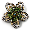Five Petal Diamante Floral Brooch (Black&Olive Green)