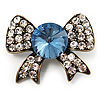Vintage Crystal Bow Brooch (Antique Gold, Clear&Blue)