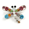 Small Multicoloured Dragonfly Brooch (Silver Tone)