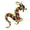 Huge Ornate Crystal Enamel Chinese Dragon Brooch (Aged Gold Tone) - 105mm Across
