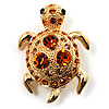 Small Amber Coloured Swarovski Crystal Turtle Brooch (Gold Tone)