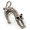 Clear Austrian Crystal Leaping Cat Brooch (Silver Tone) - 62mm