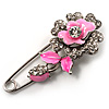 Silver Tone Crystal Rose Safety Pin Brooch (Bright Pink)
