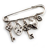 Key, Lock And Heart Locket Charm Safety Pin Brooch (Silver Tone)
