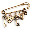 Key, Lock And Heart Locket Charm Safety Pin Brooch (Burn Gold Finish)