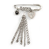 'Love', Crystal Heart, Flower And Tassel Safety Pin Brooch (Burn Silver Finish)