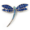 Classic Navy Blue Swarovski Crystal Dragonfly Brooch (Silver Tone)