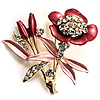 Red Pink Enamel Crystal Bunch Of Flowers Brooch (Gold Tone)