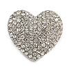 Clear Diamante Heart Brooch (Silver Tone) - 35mm Wide
