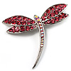 Classic Pink Crystal Dragonfly Brooch in Silver Tone - 65mm