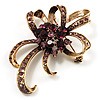 Purple Crystal Bow Corsage Brooch (Antique Gold Tone)