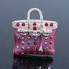 Pink Crystal Designer Bag Brooch (Silver Tone) - 30mm Length