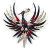 Huge Multicoloured Diamante Enamel Fire-Bird Brooch (Silver Tone)