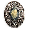 Vintage Floral Crystal Cameo Brooch (Antique Silver Finish)