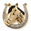 Horse Head & Horse Shoe Crystal Brooch (Gold & Silver Tone)