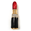 Red Enamel Crystal Lipstick Brooch (Gold Tone)
