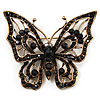 Vintage Black Crystal Butterfly Brooch (Antique Gold)