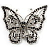 Jet Black Crystal Butterfly Brooch (Silver Tone Metal)