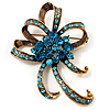 Azure Crystal Bow Corsage Brooch (Gold Tone)