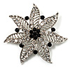 Delicate Black Diamante Filigree Floral Brooch (Silver Tone)