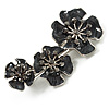 Slate Black Enamel Diamante Flower Brooch (Silver Tone)