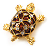 Cute Brown Enamel Crystal Turtle Brooch (Gold Plated)