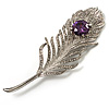 Large Swarovski Crystal Peacock Feather Silver Tone Brooch (Clear & Purple) - 11.5cm Length