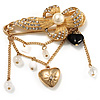 'Simulated Pearl Flower, Heart & Acrylic Bead' Charm Safety Pin Brooch (Gold Tone)