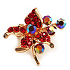 Tiny Red Crystal Flower Pin Brooch (Gold Tone)