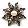 Antique Silver Simulated Pearl Crystal Flower Brooch