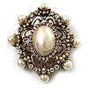 Antique Gold Filigree Light Cream Simulated Pearl Corsage Brooch - 60mm L