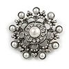Antique Silver Filigree Simulated Pearl Corsage Brooch